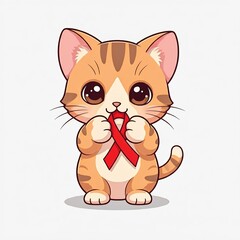 Obraz premium A cute chibi cat with a red ribbon, symbolizing World AIDS Day, is depicted in sticker style, on a white background.