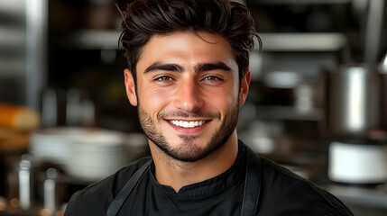 Obraz premium Smiling Chef: Culinary Passion, Restaurant Life, Food Service, Delicious Meals, Happy Customers, Professional Cook, Kitchen Skills, Culinary Arts, Restaurant Industry, Culinary Expertise