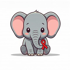 Naklejka premium A chibi elephant animal with a red ribbon, symbolizing World AIDS Day, is depicted in sticker style, on a white background.