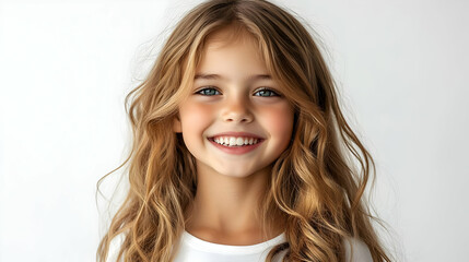 Fototapeta premium Girl's Joyful Smile: Radiant Beauty, Golden Hair, Child's Happiness