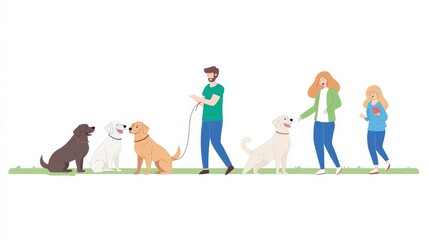 Fototapeta premium Happy People Walking Dogs in a Park with Friends and Family