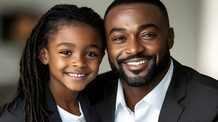Fototapeta premium Father, Daughter, Joyful Smiles, Close Bond, Happy Family, Strong Connection, Love, Affection, Portrait, Black Family