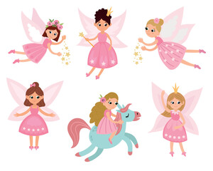 Set of fairy. Cute hand-drawn fairies. White background, isolate