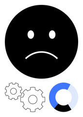 Sad face emotion above two black-and-white gears and blue-colored pie chart segment. Ideal for expressing technical issues, software bugs, system performance, user dissatisfaction, productivity, data