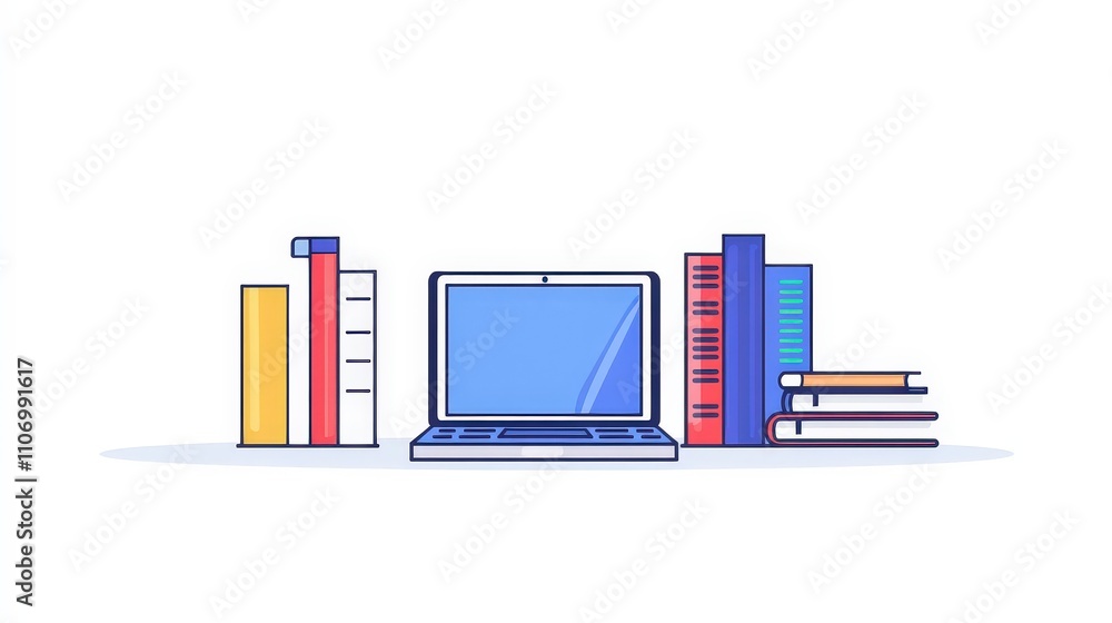 Poster modern workspace setup with laptop and colorful bookshelf items