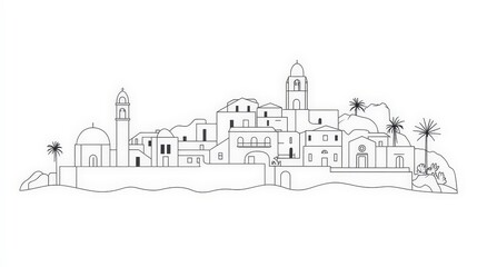 Obraz premium Scenic Line Art of a Coastal Village with Palm Trees and Buildings