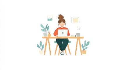 Young Woman Working at Home Desk with Laptop and Plants