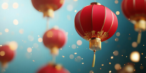 Red Chinese lanterns floating in sky create festive atmosphere, surrounded by soft bokeh lights