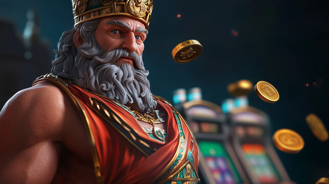 zeus with slot machines on the sides, lots of coins