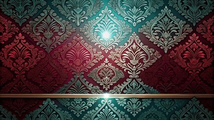 Elegant Damask Pattern Wallpaper with Teal and Burgundy Hues and Gold Accents