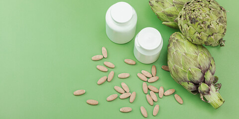 Dietary supplements Artichoke leaf extract capsules. Alternative medicine, herbal lifestyle