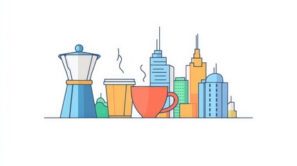 Coffee Culture Urban Illustration with Skyscrapers and Brewer
