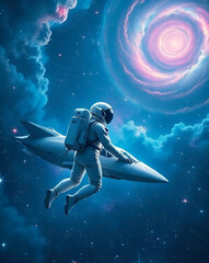 Fototapeta premium Astronaut and spaceship surrounded by andromeda, galaxy and stars