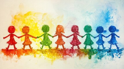 Fototapeta premium Colorful Painted Stick Figure People Holding Hands in a Line