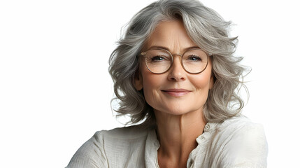 Obraz premium Mature Woman Smiles, Glasses, Gray Hair: Aging Gracefully