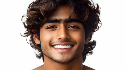 Man Smiles with Healthy, White Teeth, Glowing Skin, and Curly Brown Hair
