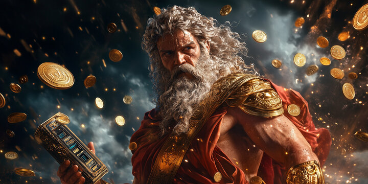 zeus with slot machines on the sides, lots of coins