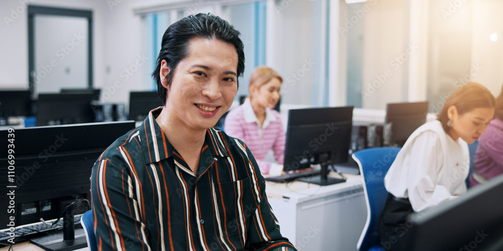 Poster portrait, man and business people in workplace, computer and smile with connection. japan, employees