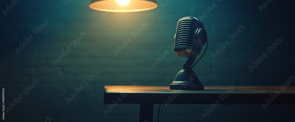 Aufkleber a vintage microphone on a table illuminated by a warm lamp.