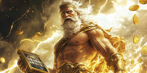 zeus with slot machines on the sides, lots of coins