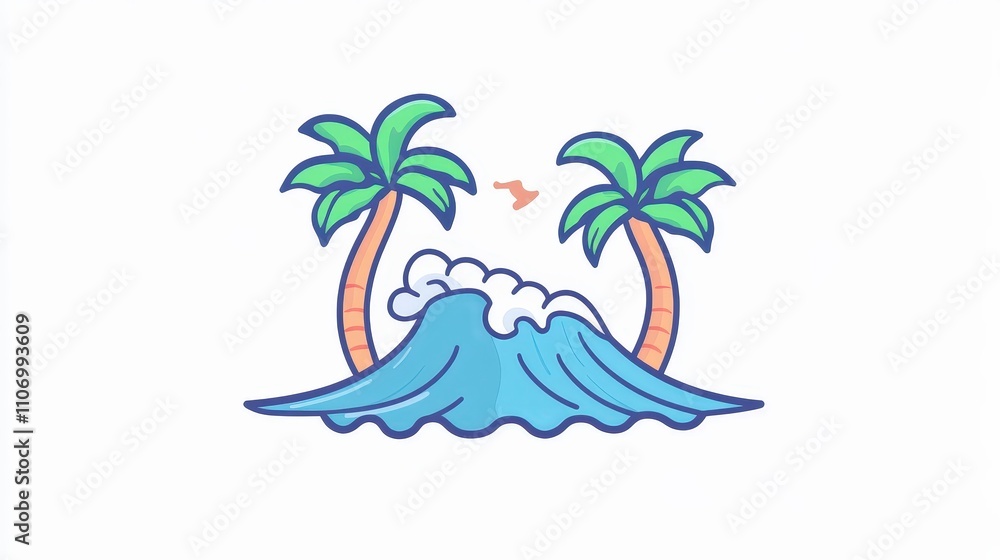 Poster tropical scene with palm trees and waves in colorful style