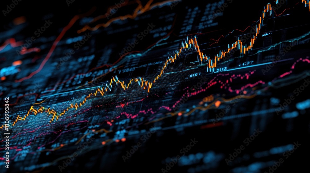 Poster abstract stock market data visualization: dynamic candlestick charts and trading indicators