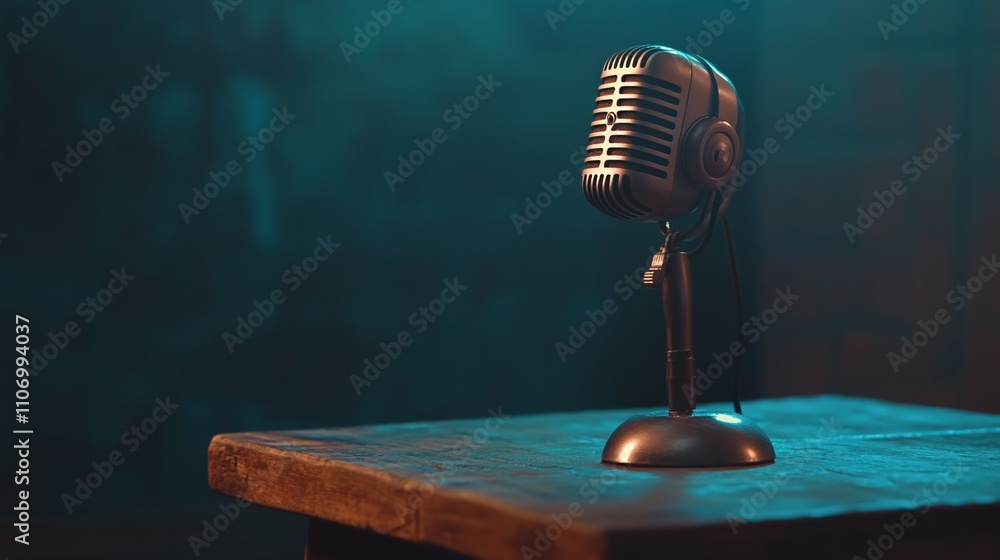 Aufkleber a vintage microphone stands on a wooden table in a moody setting.