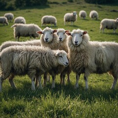Obraz premium A group of sheep standing in soft green grass, their wool fluffy and pure white.