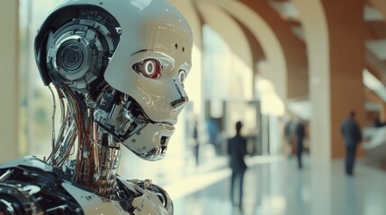 Fototapeta premium Humanoid AI robot giving a tour of a tech exhibition