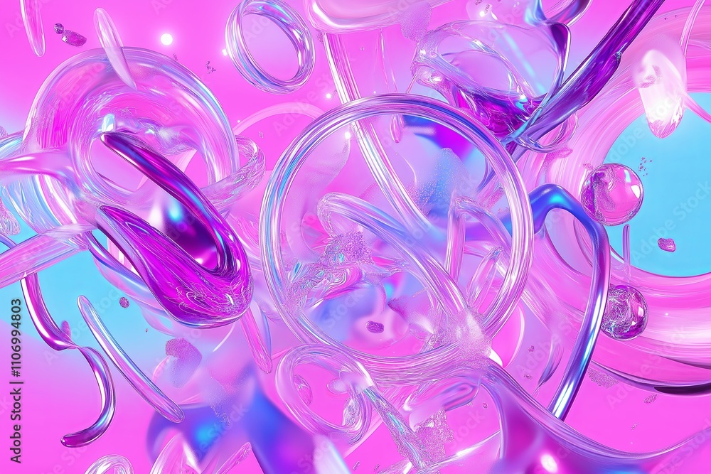Poster A digital painting of abstract shapes and textures with a neon color scheme