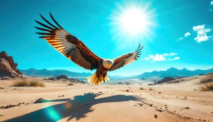Naklejka premium Eagle Soaring Over Desert Under Bright Sun
