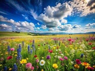 Obraz premium Lush Field of Spring Grass Under a Bright, Clear Sky with Vibrant Colors and Soft Clouds, Perfect for Nature Lovers and Outdoor Enthusiasts in a Tranquil Setting