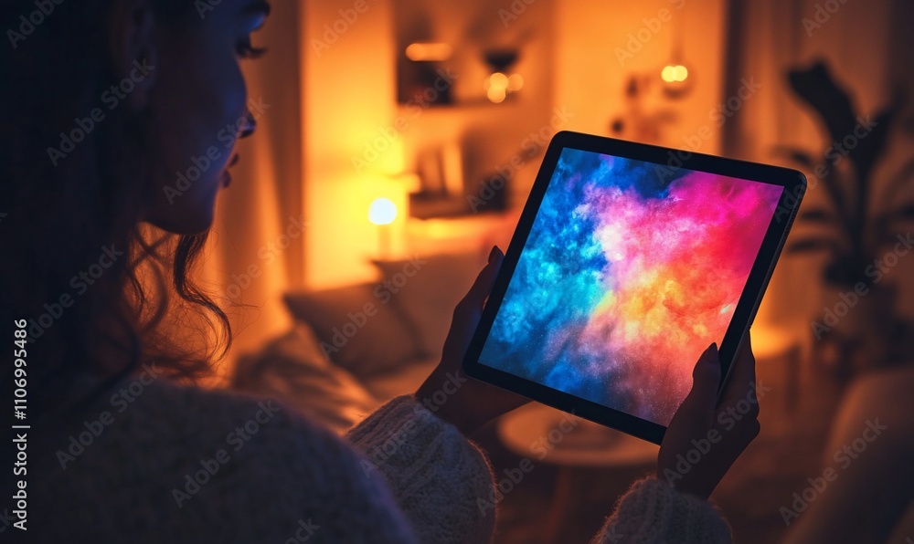 Aufkleber a woman holds a tablet displaying vibrant abstract colors in a cozy setting.