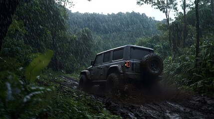 Powerful 4x4 Truck Maneuvering Through Dense Wet Forest Trails Under Heavy Rain Showcasing Adventure and Off-Roading Capabilities in Nature
