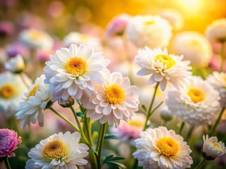 Lush Garden Scene Featuring Delicate White Flowers with Yellow Centers and Soft Pink Hues Bathed in Natural Light with a High Depth of Field