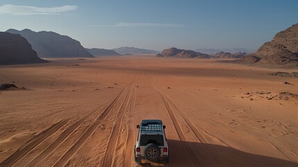Adventure Vehicle Discovering the Expansive Desert Landscape, Traversing Sandy Terrain Under Clear Blue Sky, Remote Wilderness Exploration, Freedom on Four Wheels