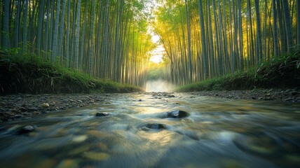 Fototapeta premium Serene Bamboo Forest with Sunlight Streaming Through Tall Trees and a Tranquil Stream Flowing Over Smooth Stones