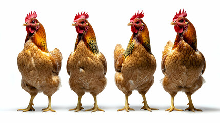 Fototapeta premium Four Brown Hens Stand in a Row, Feathered Beauty, Poultry Farm Animals