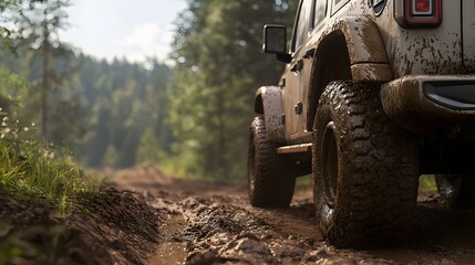 Close-Up of a Mud-Splattered 4x4 Truck Navigating a Rustic Trail Surrounded by Lush Greenery and Sunlit Forest Backdrop Highlighting Adventure and Off-Roading Spirit