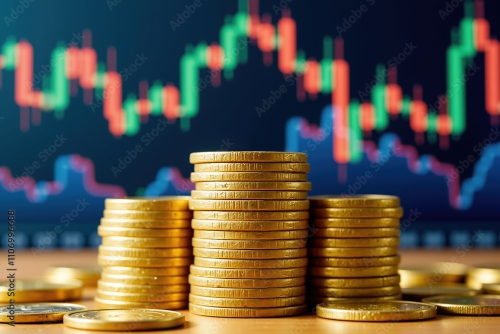 Poster gold coins stacked in front of digital financial trading chart display with candlesticks.