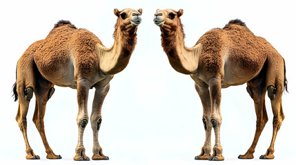 Two Camels Standing, Facing Each Other on White Background