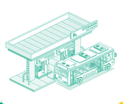 recommend clip art: Bus near hydrogen fuel filling station h2. Isometric outline concept. Object isolated on white background. Clean ecology energy. Alternative energy and zero emission.