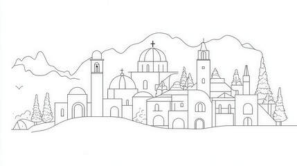 Obraz premium Minimalist Line Art of Architectural Landmark Against Mountain Background