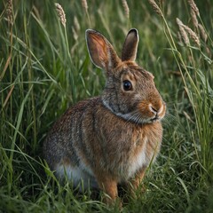 Fototapeta premium A wild rabbit sitting in tall grass, its ears perked and eyes alert