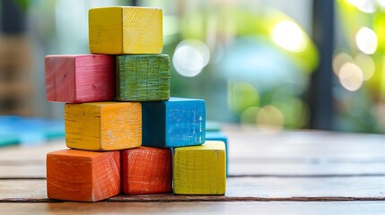 Wooden stacking blocks in bright colors on smooth table