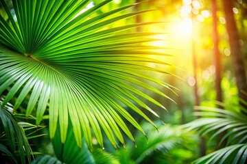 Lush Green Tropical Palm Leaf Bathed in Sunlight with Bokeh Effect in a Serene Botanic Garden Showcasing Nature's Beauty and Vibrant Flora in an Exotic Environment