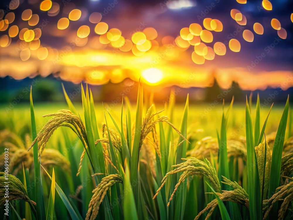 Wall mural Lush Jasmine Rice Paddy with Bokeh Effect Against a Dark Background Capturing the Essence of Rural Agriculture and Nature’s Beauty in a Stunning Visual Display