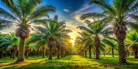 Obraz premium Lush Oil Palm Trees in Plantation: A Vibrant Landscape of Elaeis Guineensis under Bright Blue Sky with Golden Sunlight and Rich Green Foliage