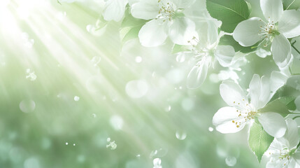 Blossoming white flowers illuminated by soft sunlight in a serene nature setting