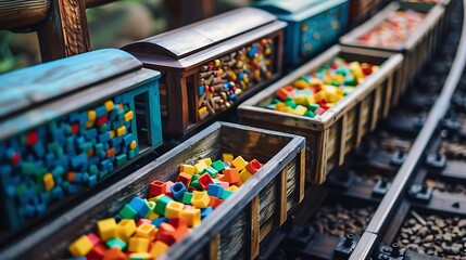 Naklejka premium Wooden train cars filled with tiny colorful blocks